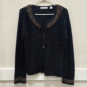 Marisa Christina Vintage Beaded Trim Zip Front Black/Navy Sweater Size Small